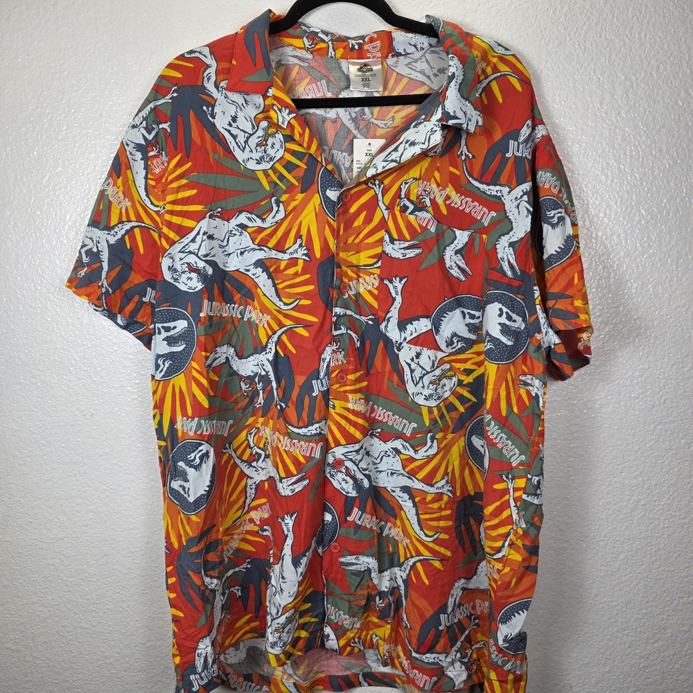 Jurassic Park Hawaii Style Button Up Shirt‎ Men's Pocket Hawaiian Size XXL